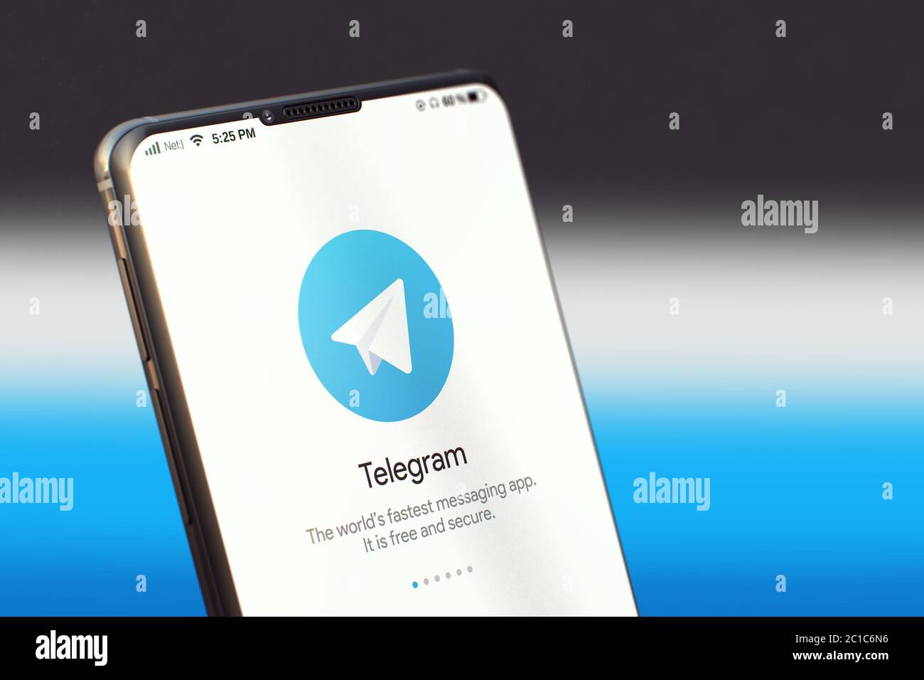 KYIV, UKRAINE-JUNE, 2020: Telegram Mobile Application on the Smart Phone Screen. Close Up Studio Shot of Smartphone with Telegram Application. Stock Photo