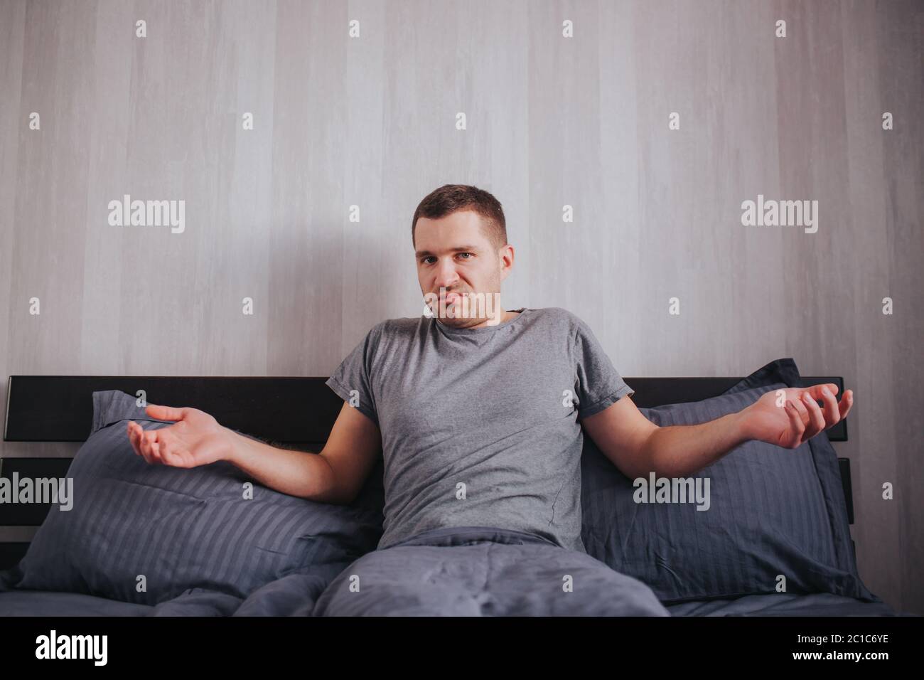 bad mood in the morning. Men's health problems and impotence and prostatitis. Stock Photo