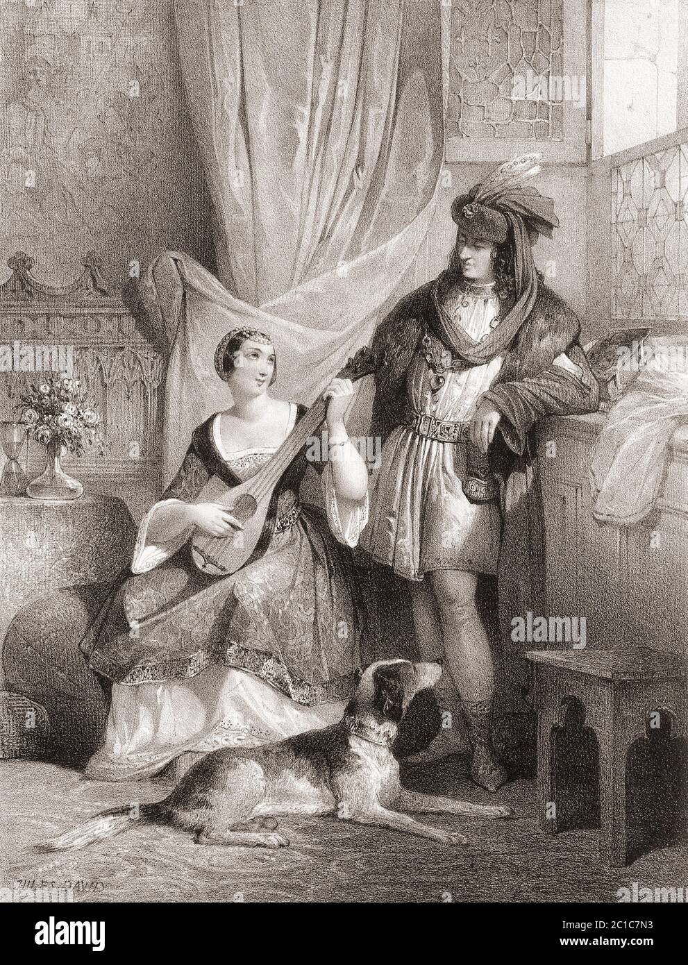 King Charles VII of France with his chief mistress Agnes Sorel.   After a 19th century work by Jules David. Stock Photo
