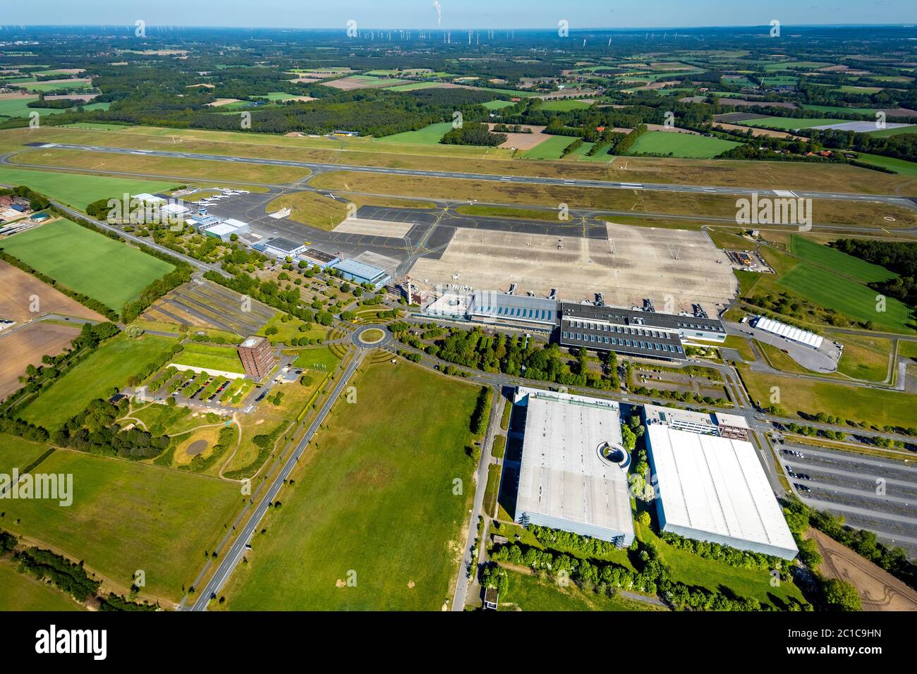 Aerial photograph, Münster Osnabrück Airport, Airportallee, Greven,  Steinfurt District, Münsterland, North Rhine-Westphalia, Germany, terminal  buildin Stock Photo - Alamy