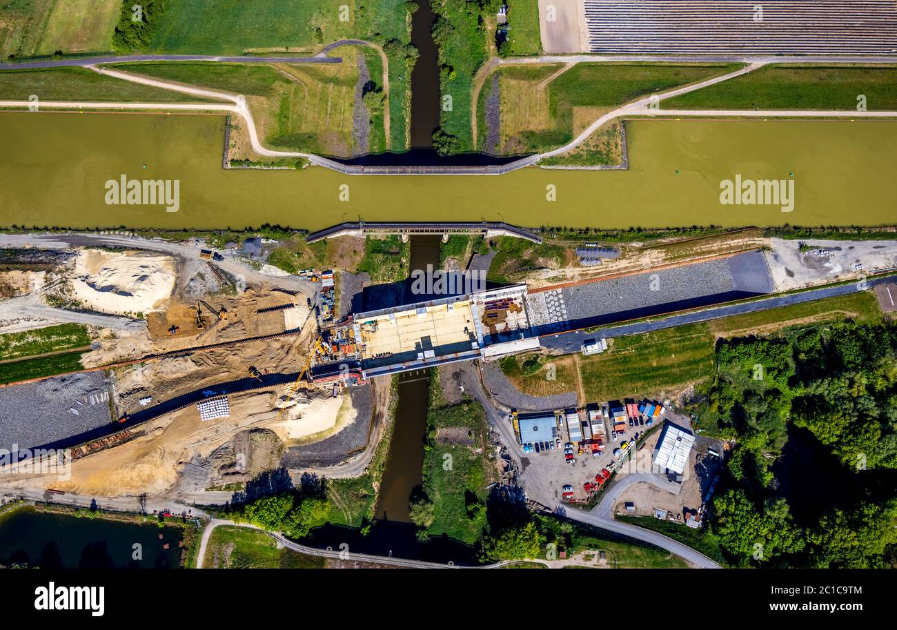 Aerial photograph, renewal of the canal overpass, Dortmund-Ems-Canal crossing of the Ems, river Ems, Greven, district of Steinfurt, Münsterland, North Stock Photo