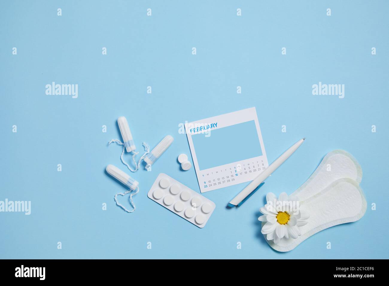 menstrual sanitary tampon, pad, pain pills during menstruation and white chamomile flower on
