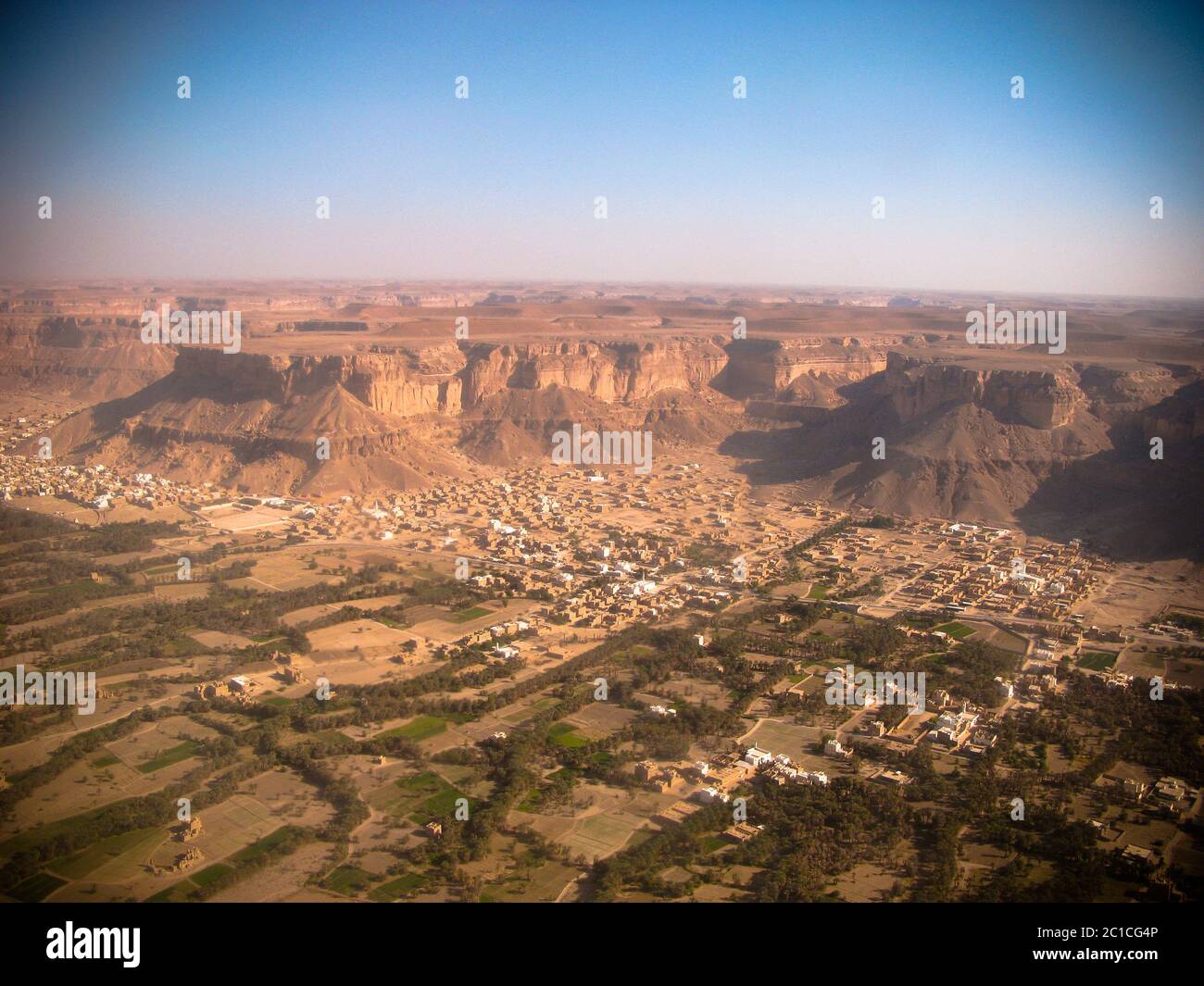 Aerial view to Shibam city and wadi Hadhramaut, Yemen Stock Photo