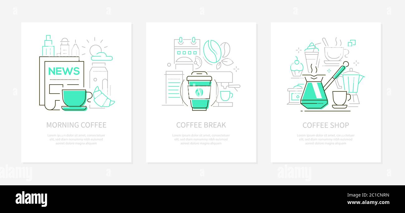 Coffee concept - line design style banners set Stock Vector