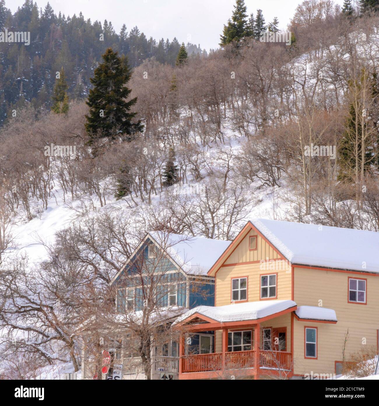 Square Homes with porches and snowy roofs in Park City Utah mountain ...