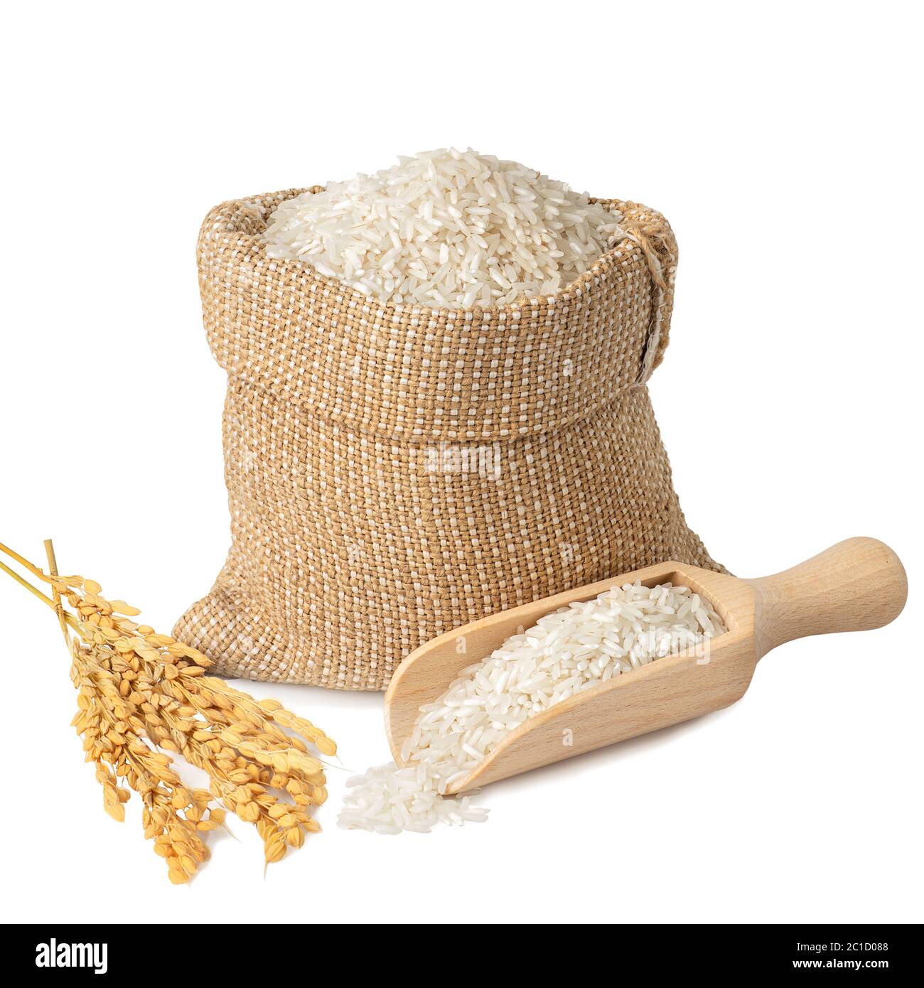 rice in burlap sack Stock Photo