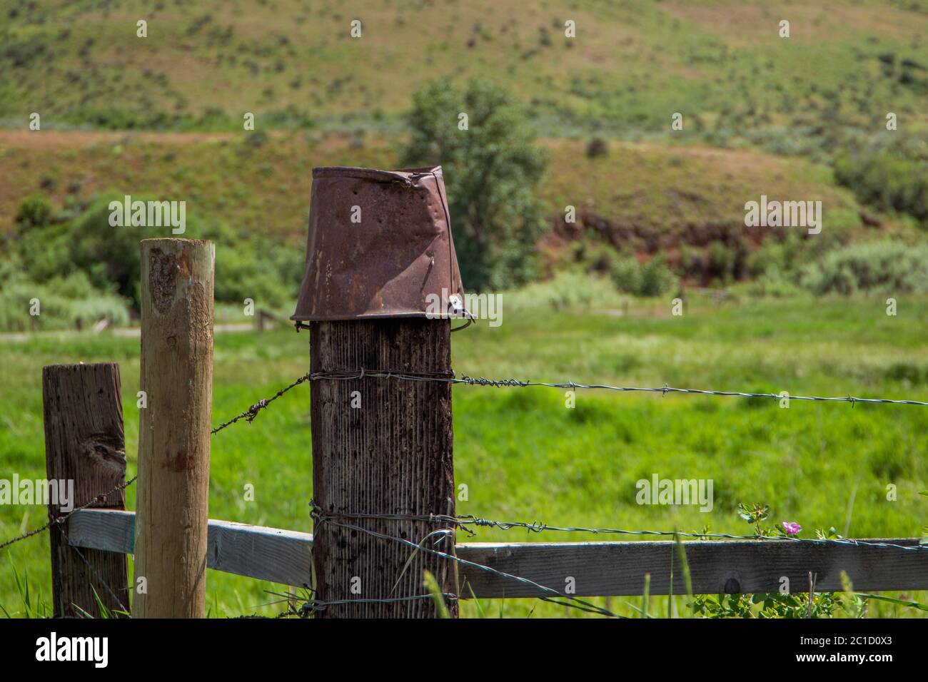 Upside down rusty bucket on a fence post near a grassy field Stock Photo