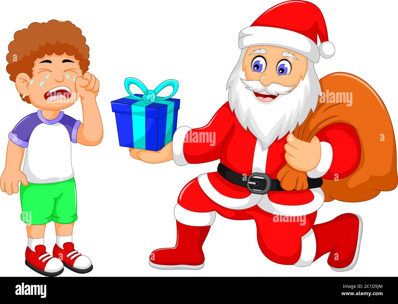 funny Santa Claus cartoon giving a gifts to little boy crying Stock Photo