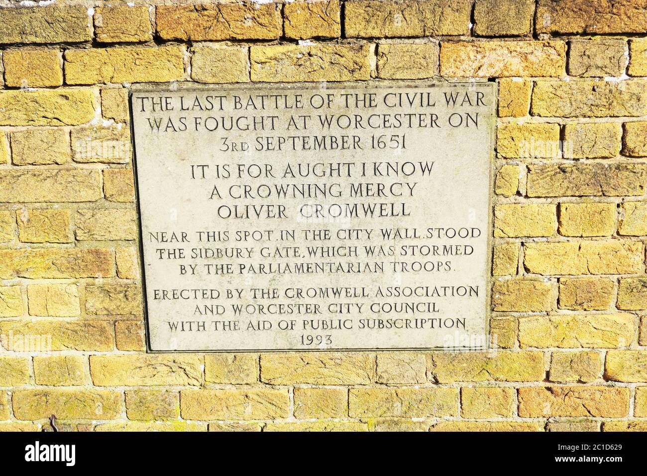 Plaque to the last battle of the English civil war in Worcester, UK. Stock Photo