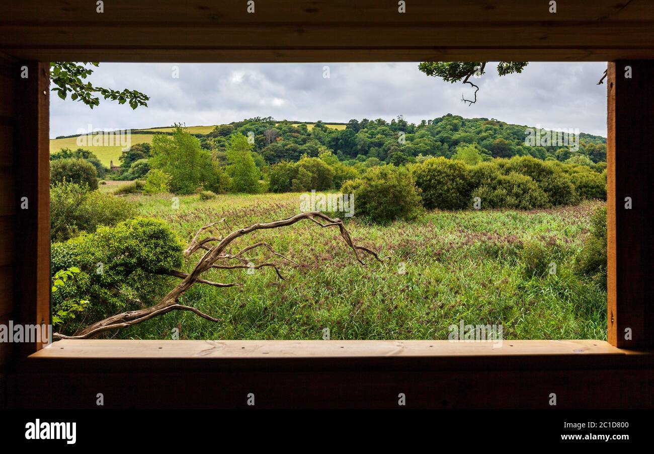 Through the window of the Bird Hide at Slapton Ley Nature Reserve, Devon, England Stock Photo