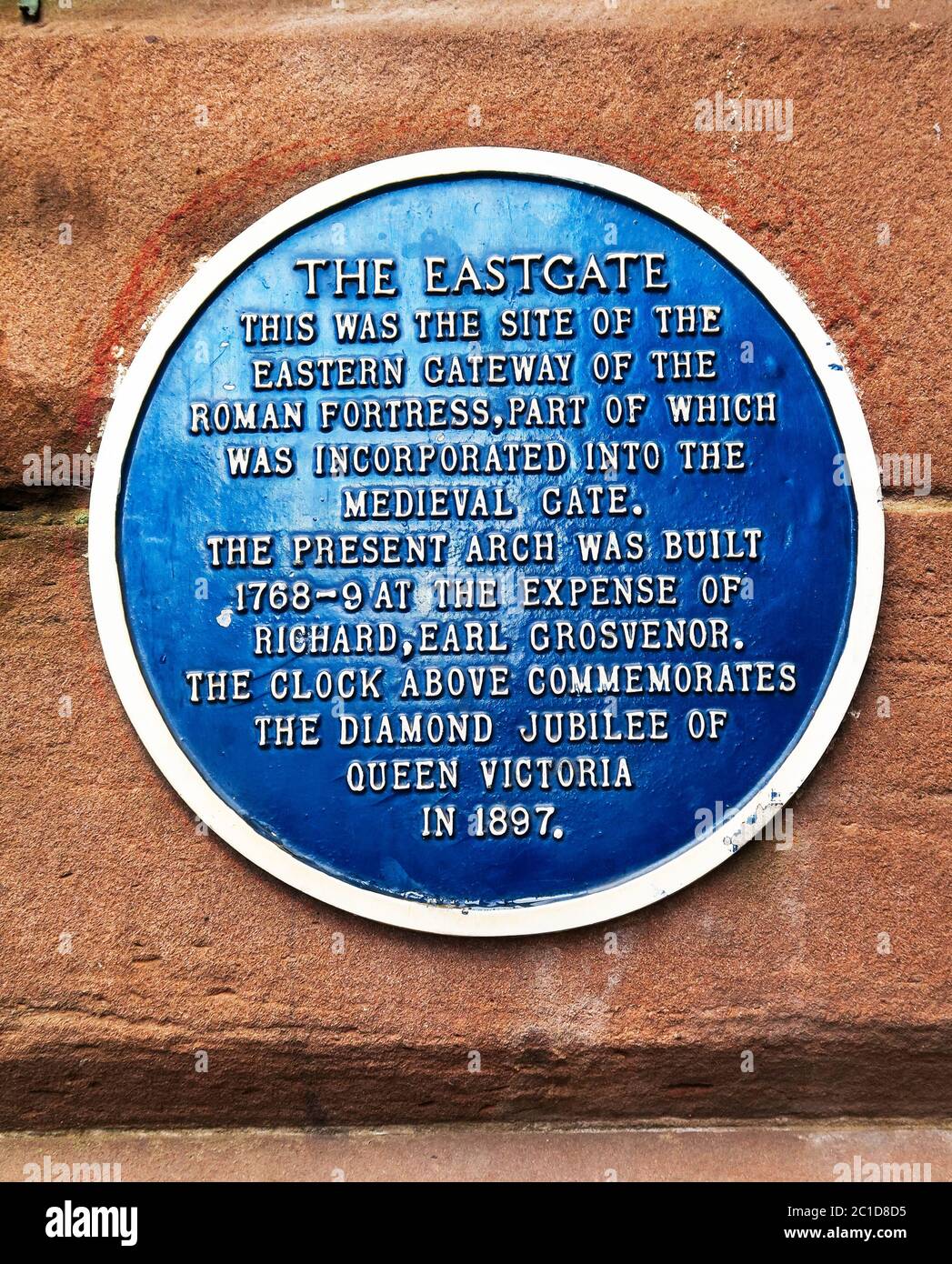 Blue plaque for The Eastgate, Chester, UK. Stock Photo