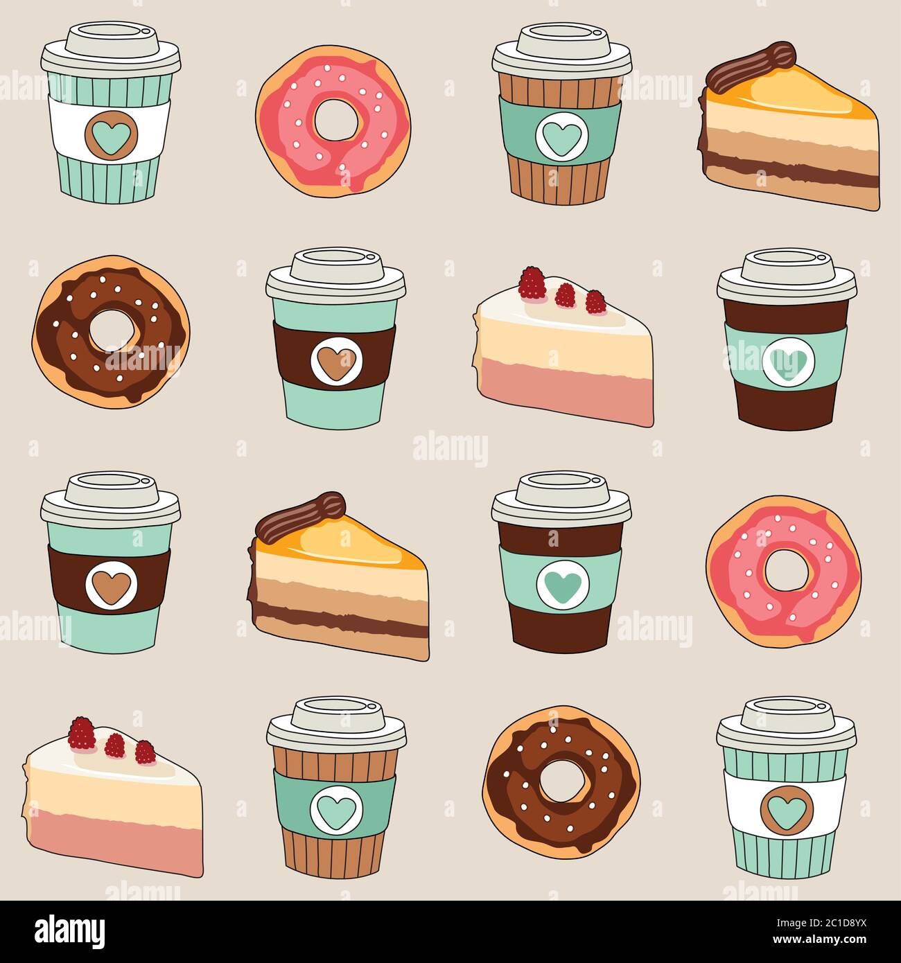 Coffee, cakes and donuts vector seamless pattern Stock Vector