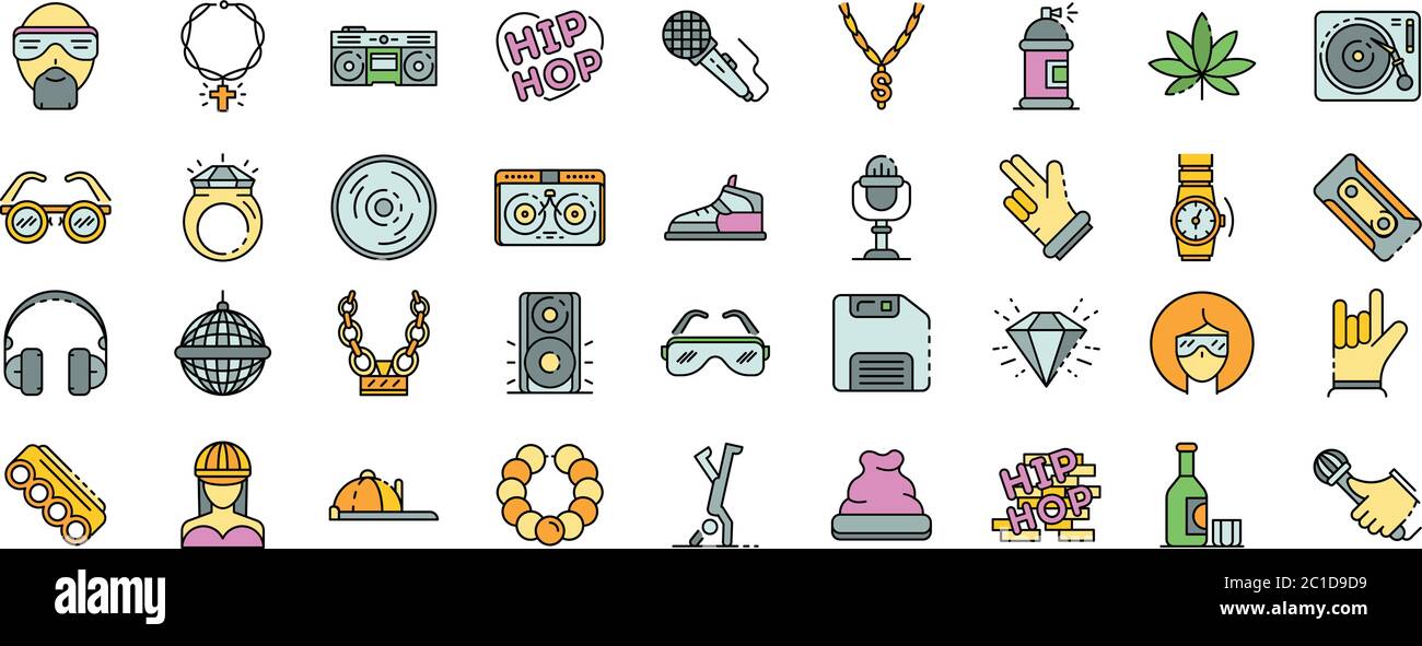 Hiphop icon set line color vector Stock Vector