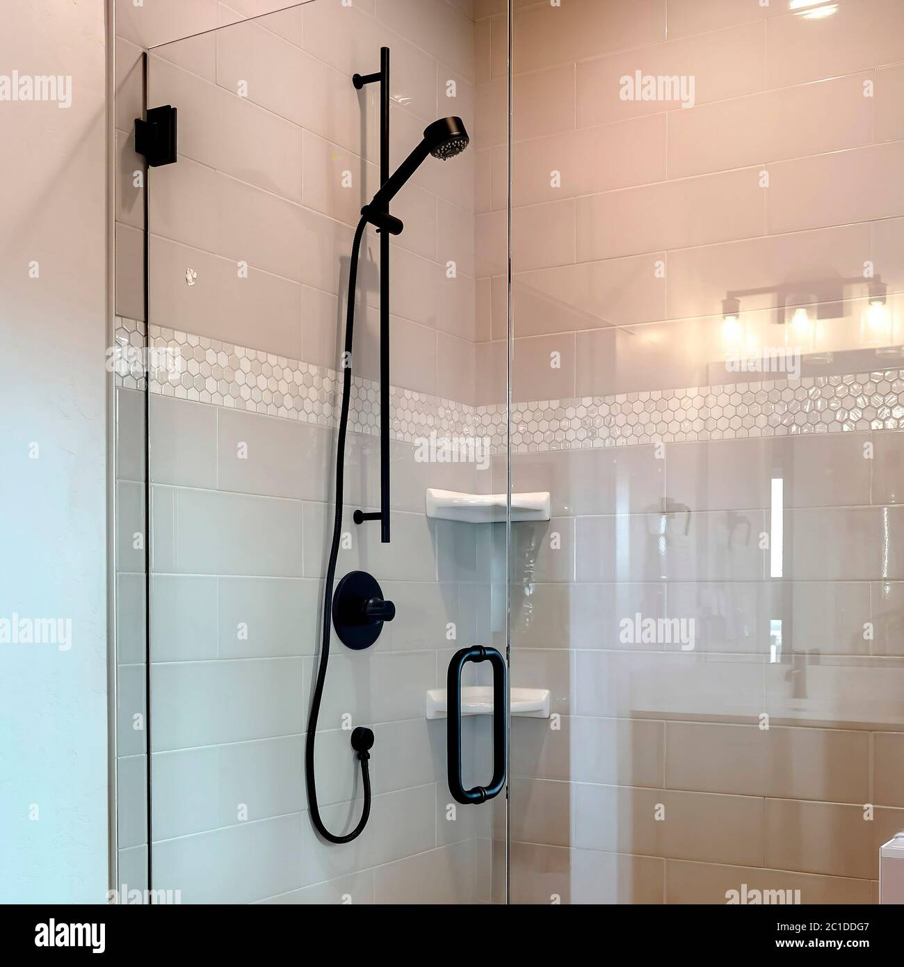 Square frame Shower stall with half glass enclosure and black shower