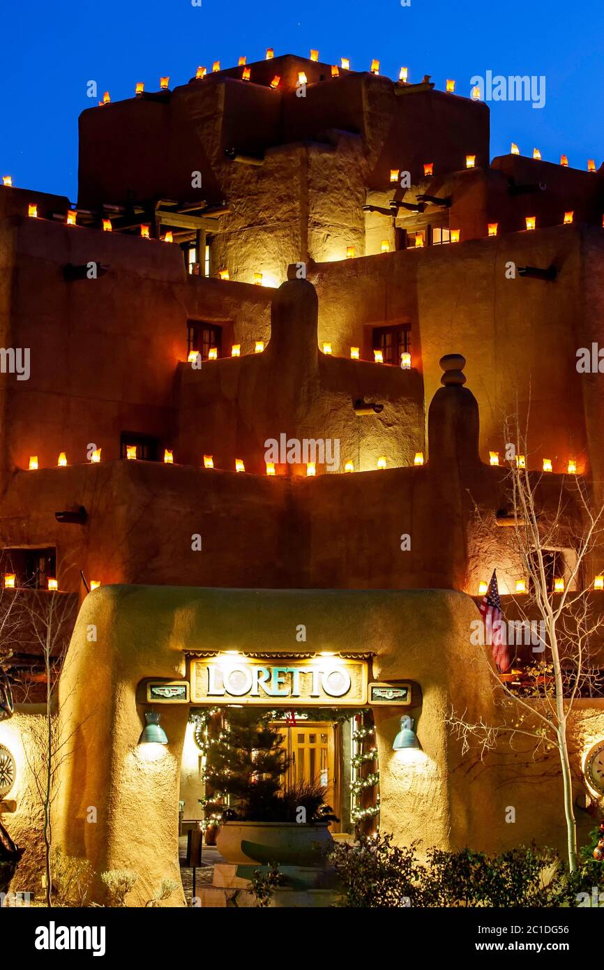 The Inn at Loretto and Christmas lights ("farolitos"), Santa Fe, New