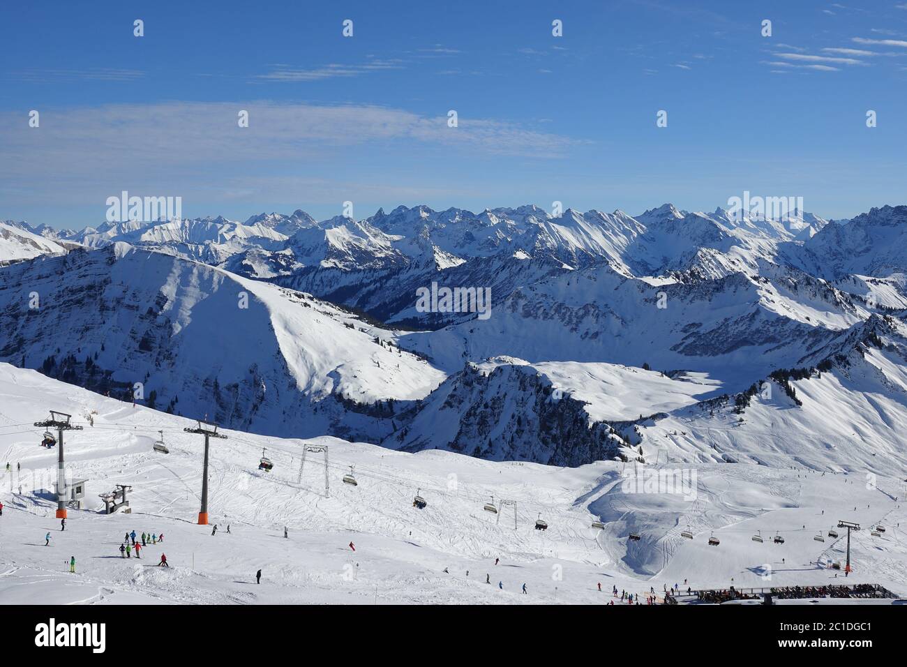 Ski slopes in the snowy mountains of the Bregenz Forest in Austria. Stock Photo