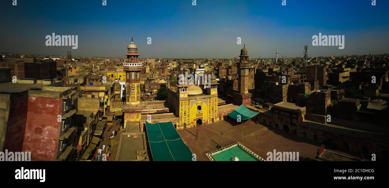 Aerial Panorama of Wazir Khan Mosque, Lahore, Pakistan Stock Photo