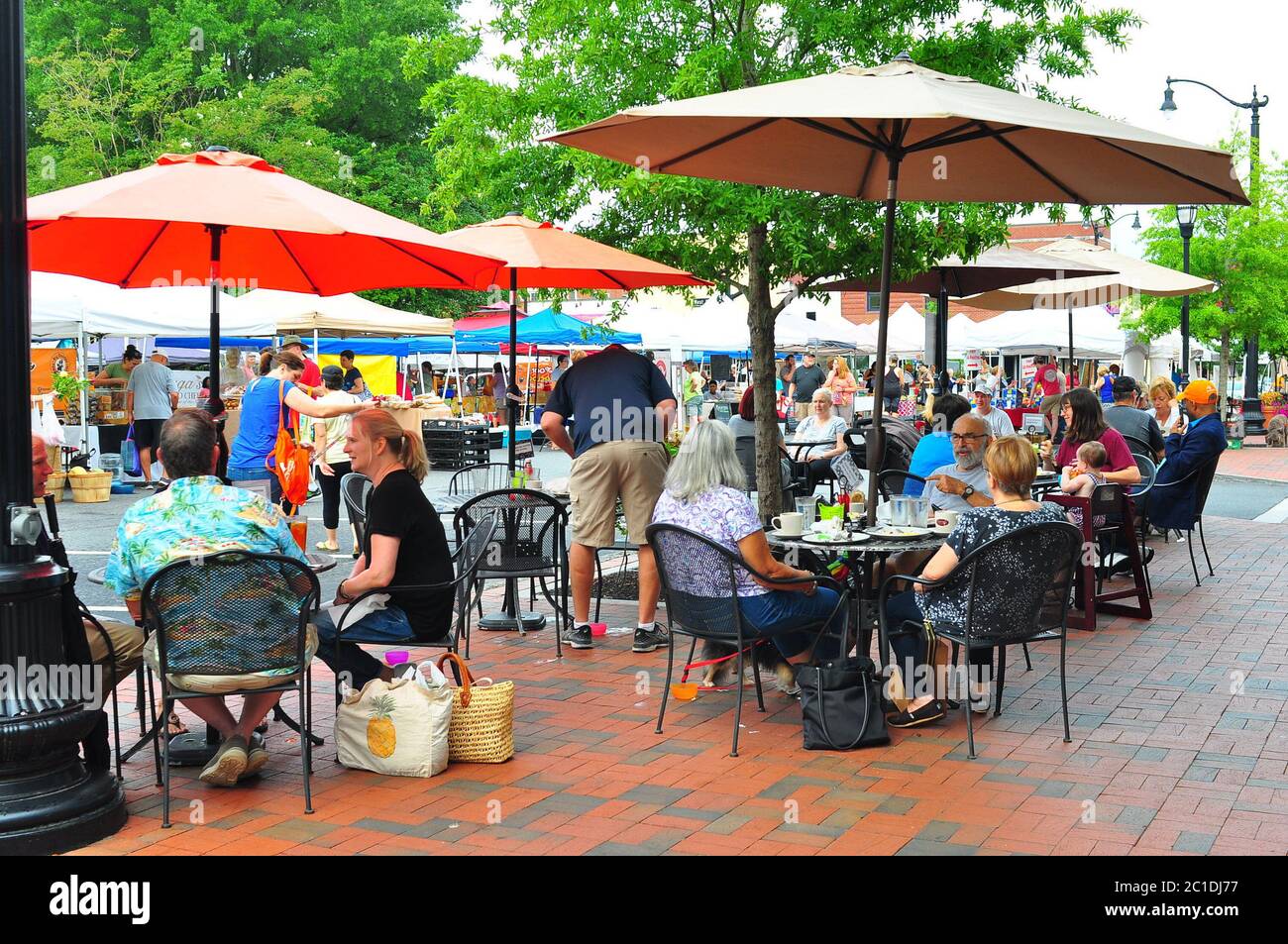 Marietta Square, GA-circa August 18, 2018:  Local residents gather together on Saturday mornings for the Farmers Market Stock Photo