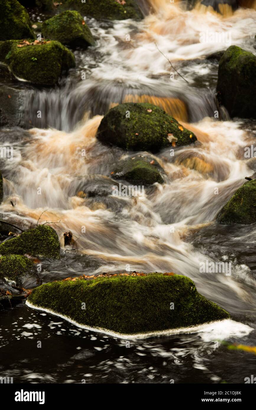 Flowing Water at Burbage Brook, Padley Gorge, The Peak District National Park, Derbyshire, UK Stock Photo