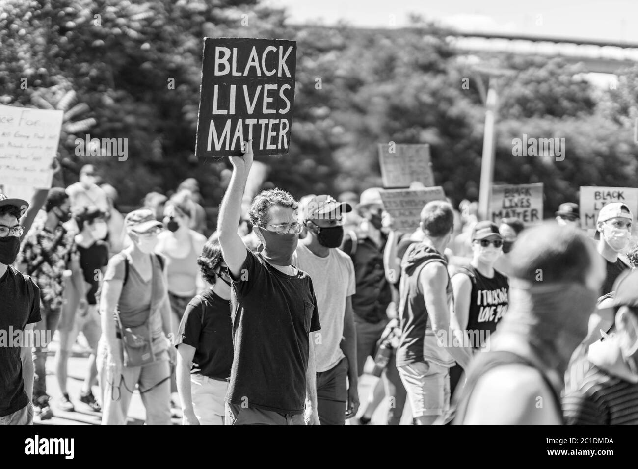 Manhattan, New York - June 13, 2020: Black Lives Matter Peaceful Protesters Exercise Their First Amendment Right and Stand Against Police Brutality. Stock Photo