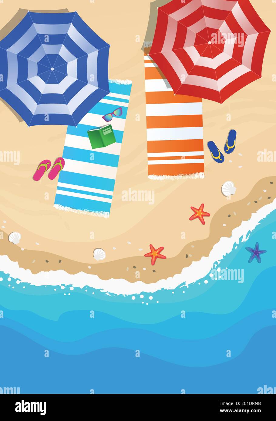 Beach from above, view with umbrella, beach towel, sunglasses and flip flop. Vector hand drawn illustration Stock Vector