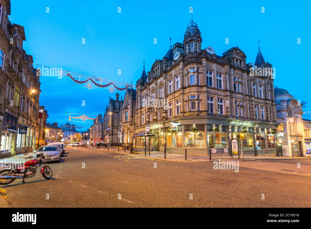 Evening view of Commercial Street in the centre of the West Yorkshire town of Halifax Stock Photo