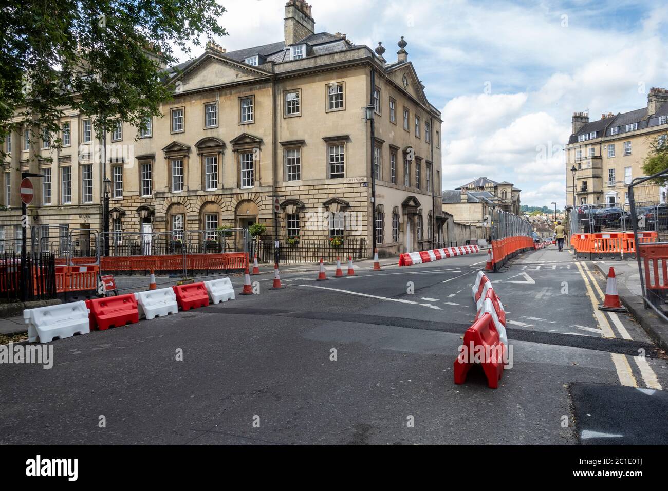 Non essential shops reopen in Bath. Pavements widened in the City with street barriiers in place so social distancing measures can be met. England, UK Stock Photo