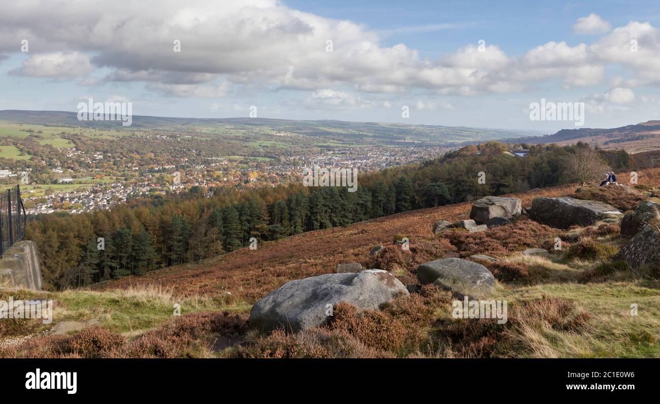 Autumn view of Ilkley town and lower Wharfedale from Ilkley Moor Stock Photo