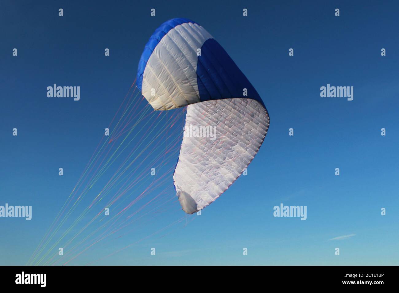 pilot newcomer paraglider is trained on the ground to lift up and hold the blue-white paraplane. Stock Photo
