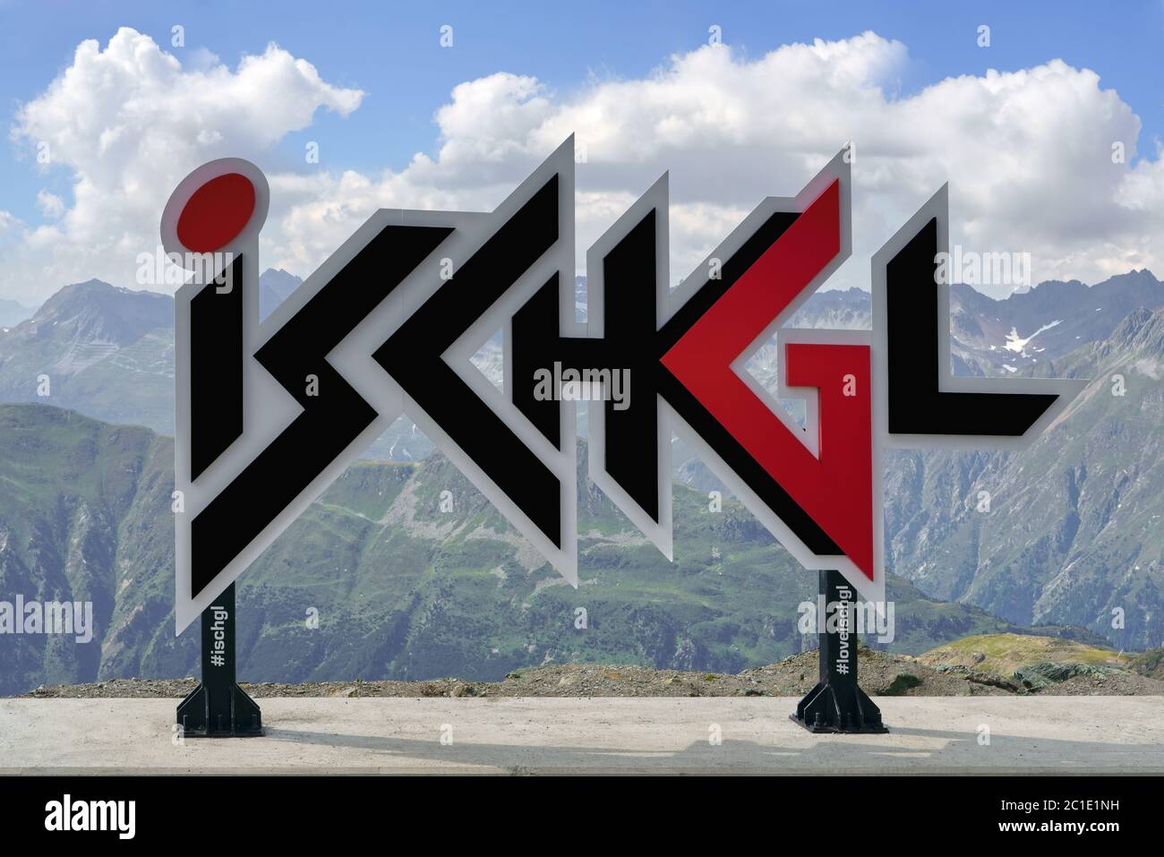 ISCHGL, TYROL, AUSTRIA - AUGUST 30, 2019:  Logo of the Tyrolean town of Ischgl on top of the mountain. Stock Photo