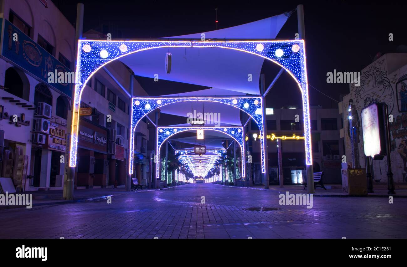 Souk Mubarakiya streets lights decorated at night time empty street, Kuwait City Stock Photo