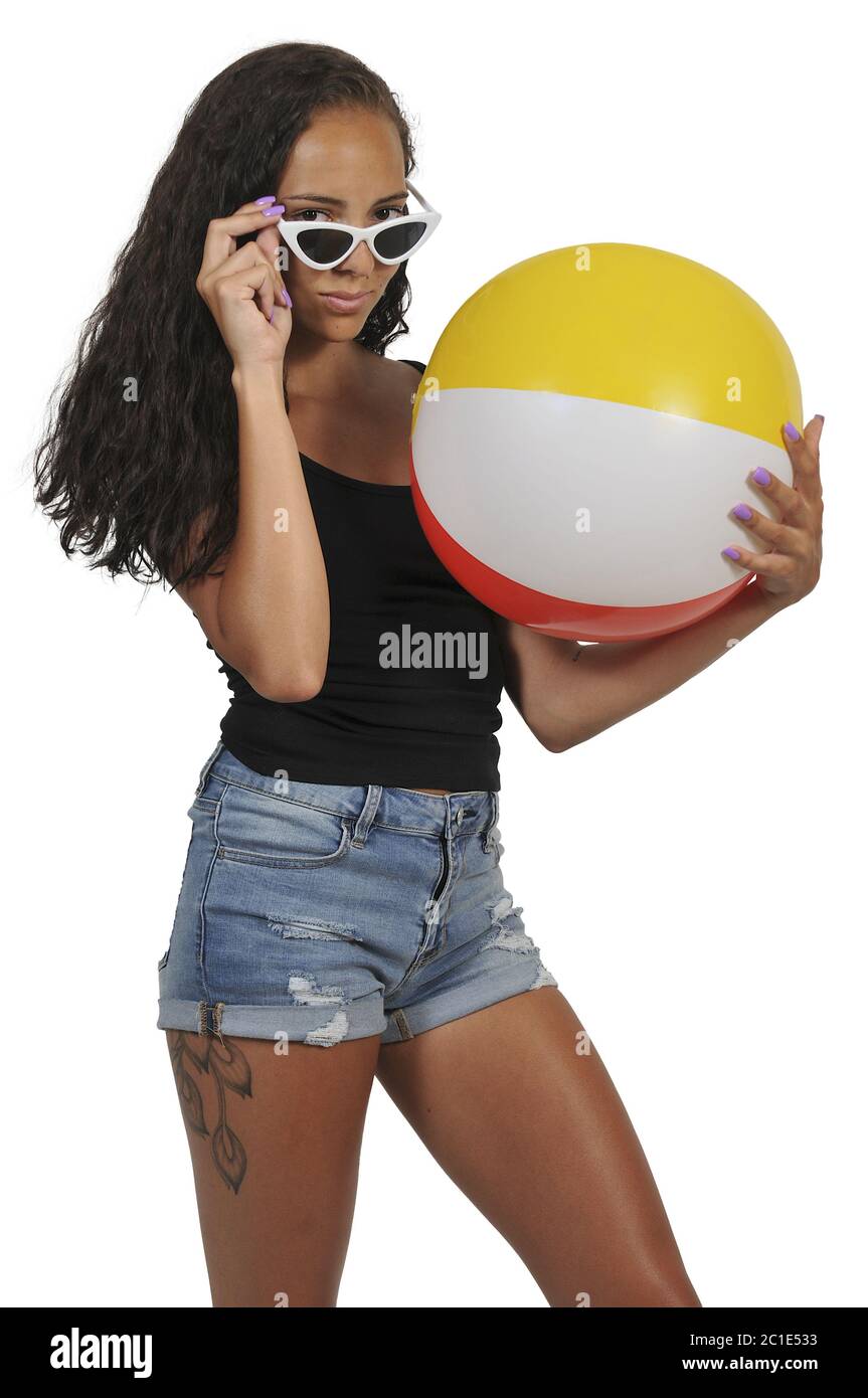 Woman Holding Beach ball Stock Photo
