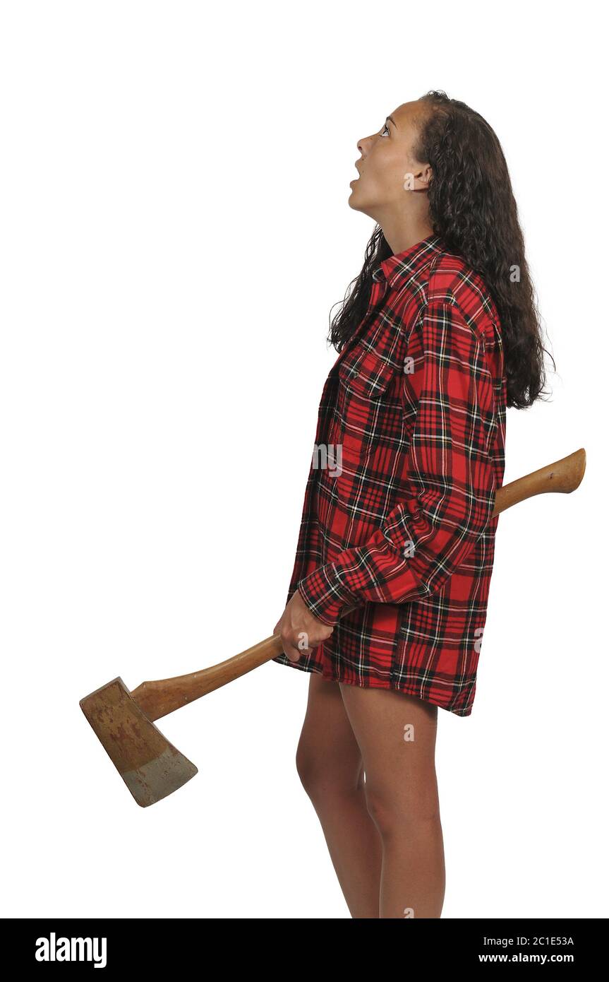Woman Lumberjack with an axe Stock Photo