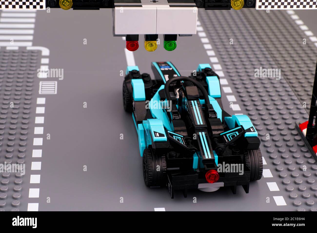 Tambov, Russian Federation - February 19, 2020 Lego Formula E Panasonic  Jaguar Racing Gen2 race cars by LEGO Speed Champions on start line. Back  view Stock Photo - Alamy