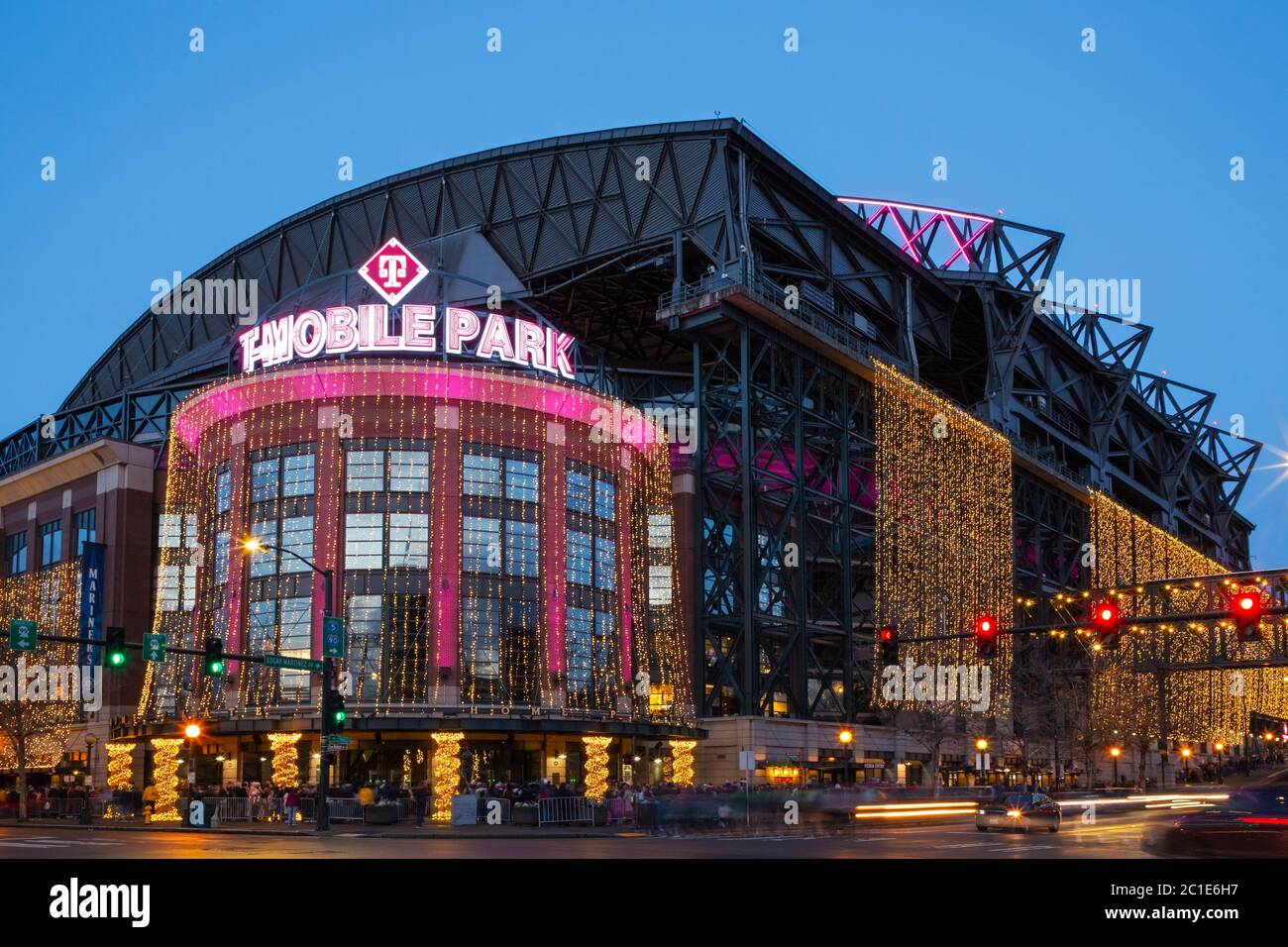 WA16778-00...WASHINGTON - T-Mobile Park, a baseball stadium, docrated for winter celebrations in Seattle's Stadium District. Stock Photo