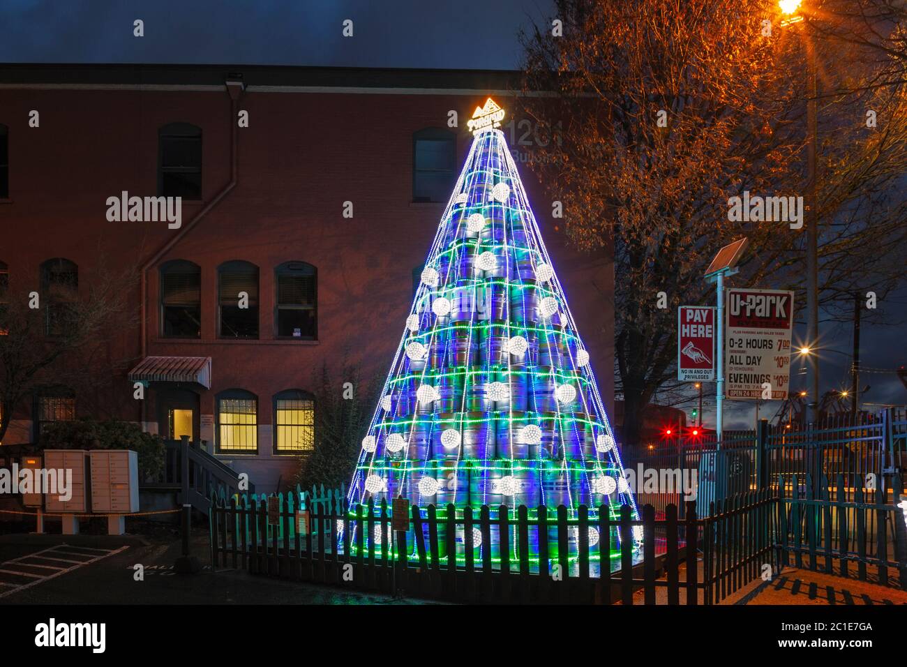 WA16781-00...WASHINGTON - A seasonally decorated tree created by beer kegs at the Pyramid Brewing Company located in Seattle's Stadium District. Stock Photo