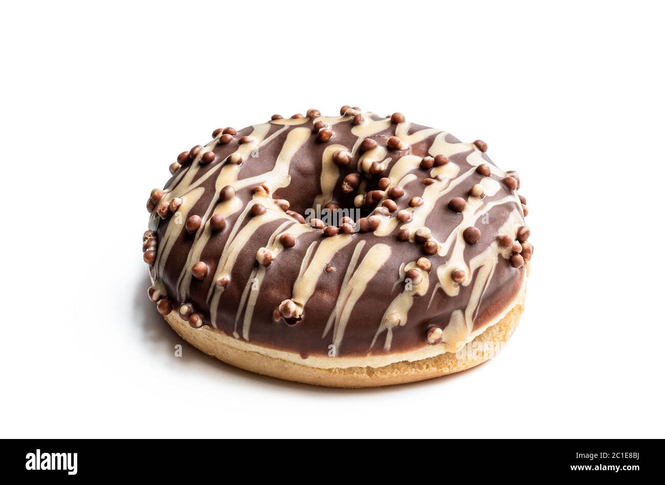 Doughnut covered with chocolate and caramel icing isolated on white