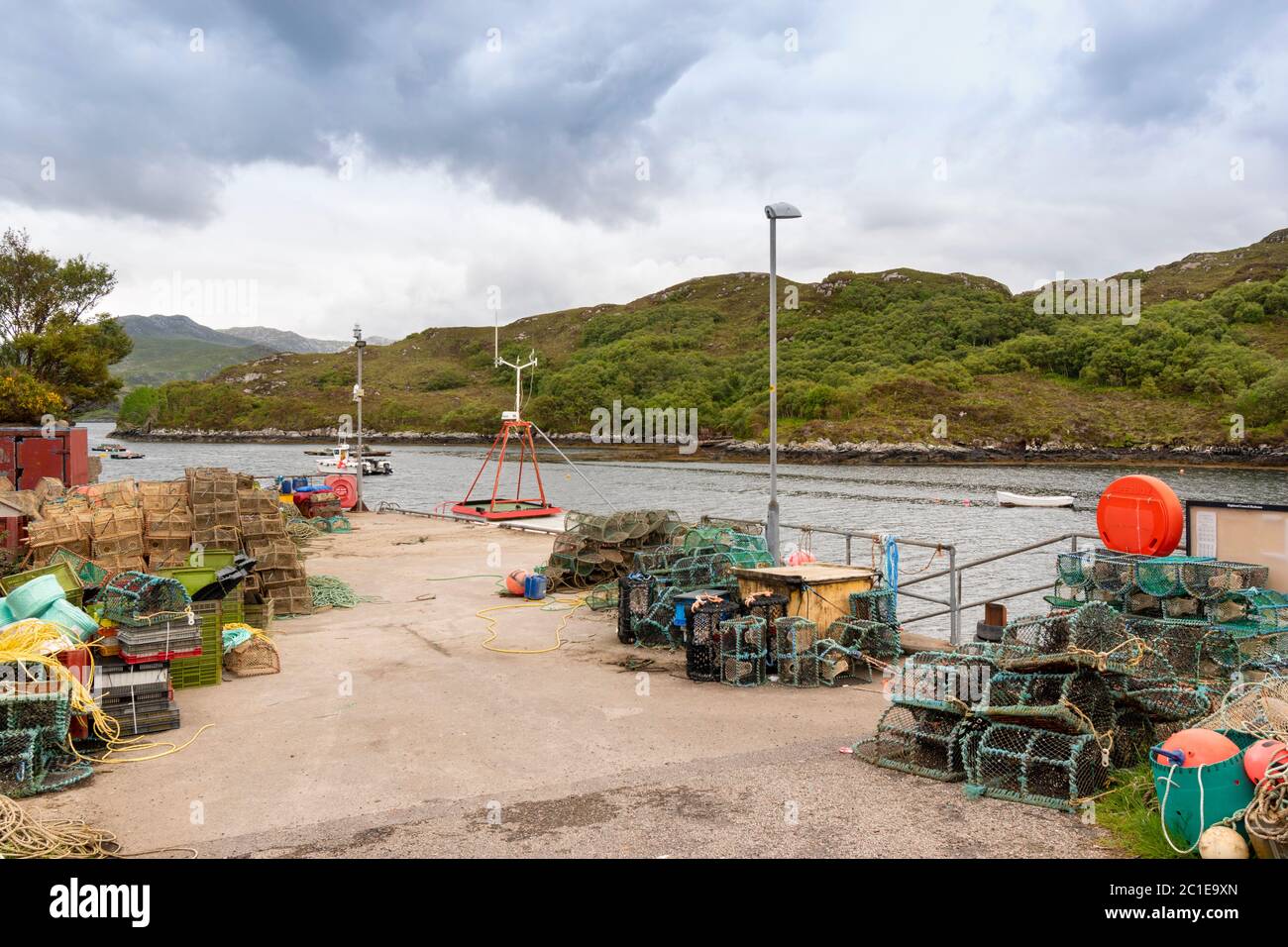 KYLESKU  SUTHERLAND SCOTLAND CRAB OR LOBSTER CREELS ON THE JETTY AT LOCH GLEANN DUBH Stock Photo
