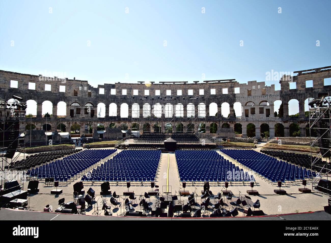 internal view of the arena of the amphitheater with chairs for a