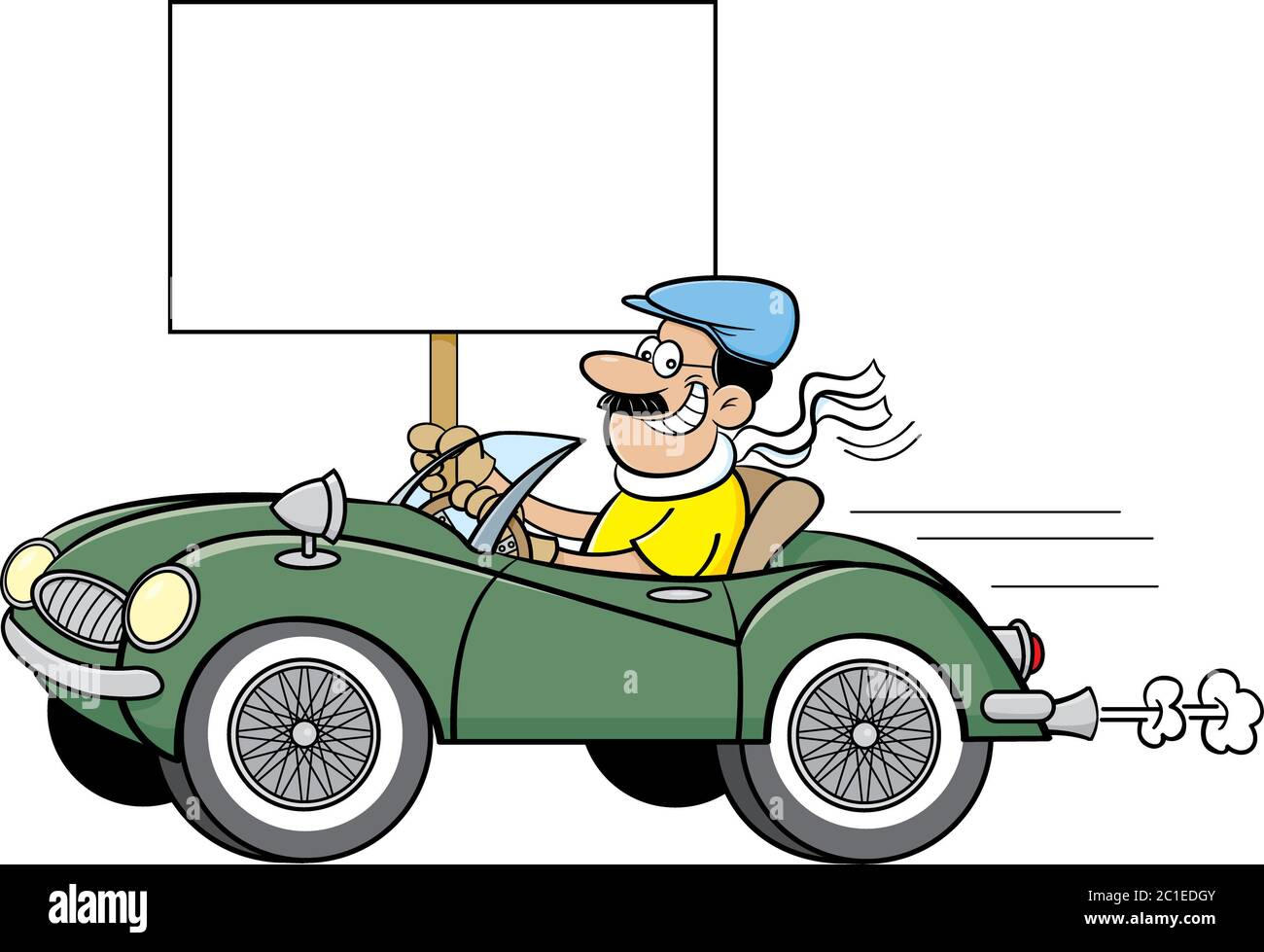 Cartoon illustration of a man in a sports car holding a sign Stock Photo -  Alamy