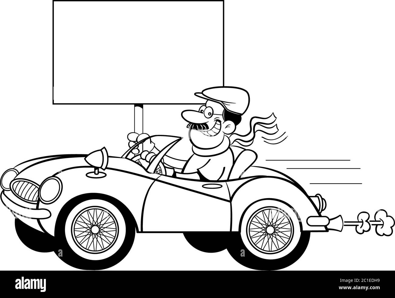 Black and white illustration of a man in a sports car holding a sign. Stock Photo