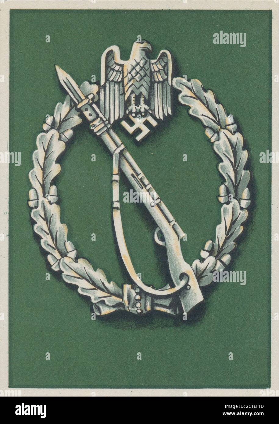 Wartime Winter Charities donation card showing Infantry 'Stormer' rifles unit medal. 1941 Stock Photo