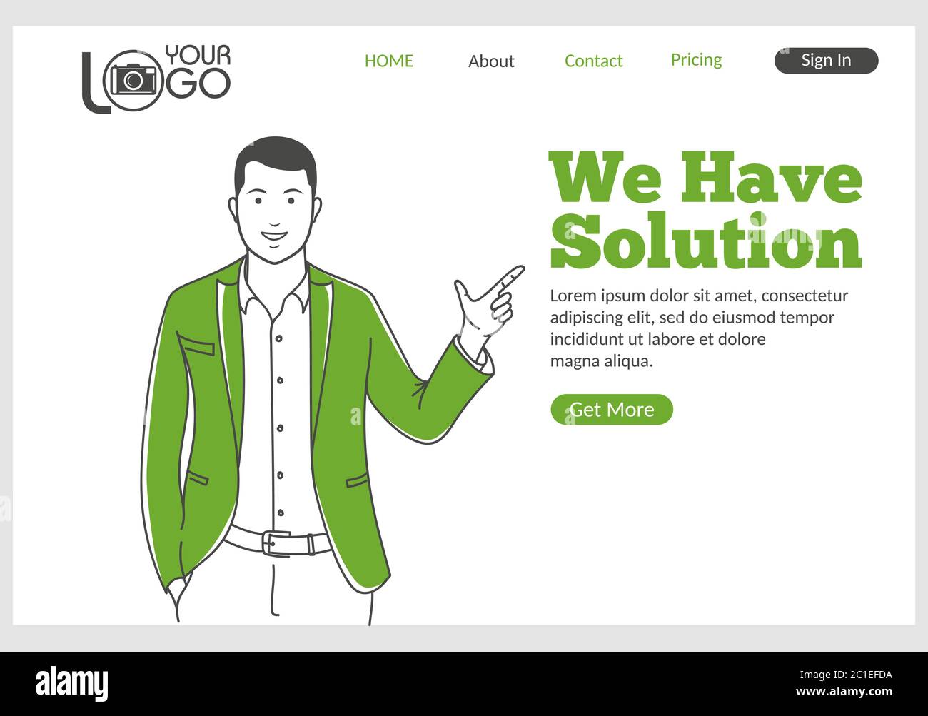 We have Solution landing page in thin line style. Stock Vector