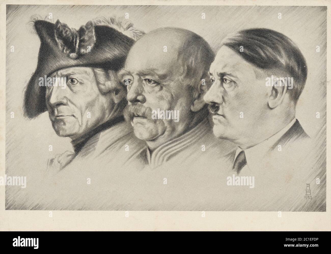 German propagande postcard: 'Men Of The Time' Friedrich the Great, Bismarck the Iron Chancellor and Hitler the people's Chancellor. 1933 Stock Photo