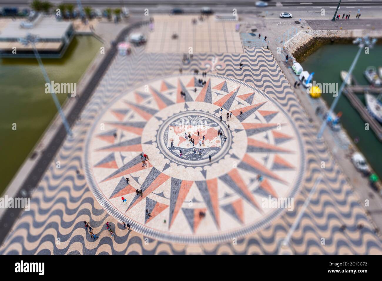 The wind rose on the square of the monument to the discoveries in Lisbon in tilt-shift Stock Photo