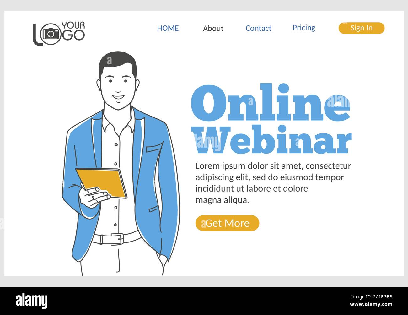 Online Webinar landing page in thin line style. Stock Vector