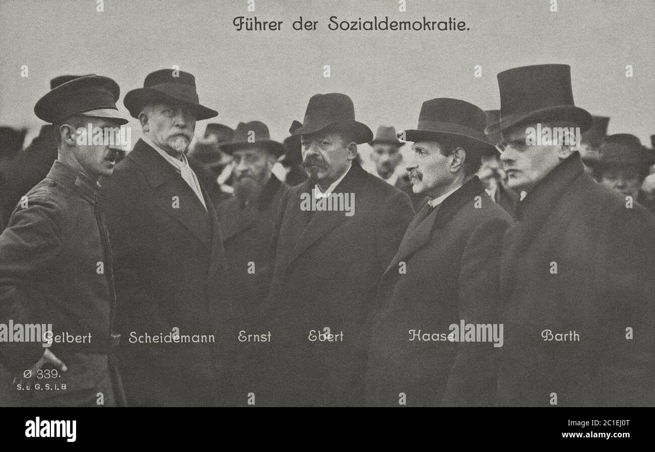 Retro postcard of leaders of German social democracy. Weimar Republic. Germany Stock Photo