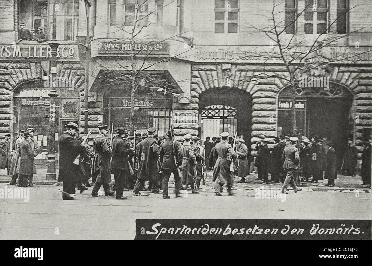 Street fight in Berlin. 1919 The Spartacist uprising (Spartakusaufstand), also known as the January uprising (Januaraufstand), was a general strike (a Stock Photo