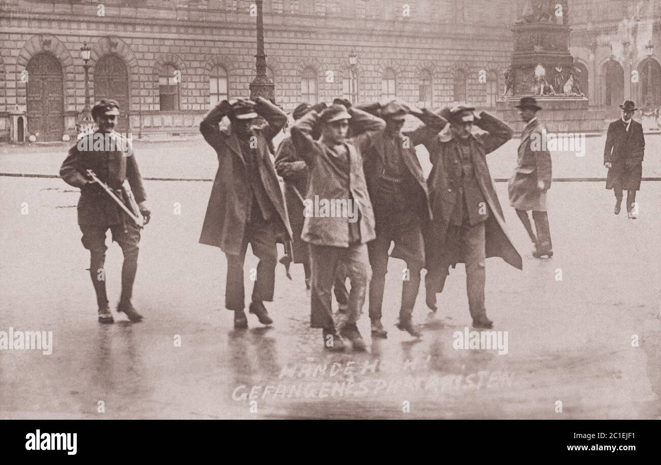 Street fight in Berlin. Captured Spartacists. 1919 The Spartacist uprising (Spartakusaufstand), also known as the January uprising (Januaraufstand), w Stock Photo