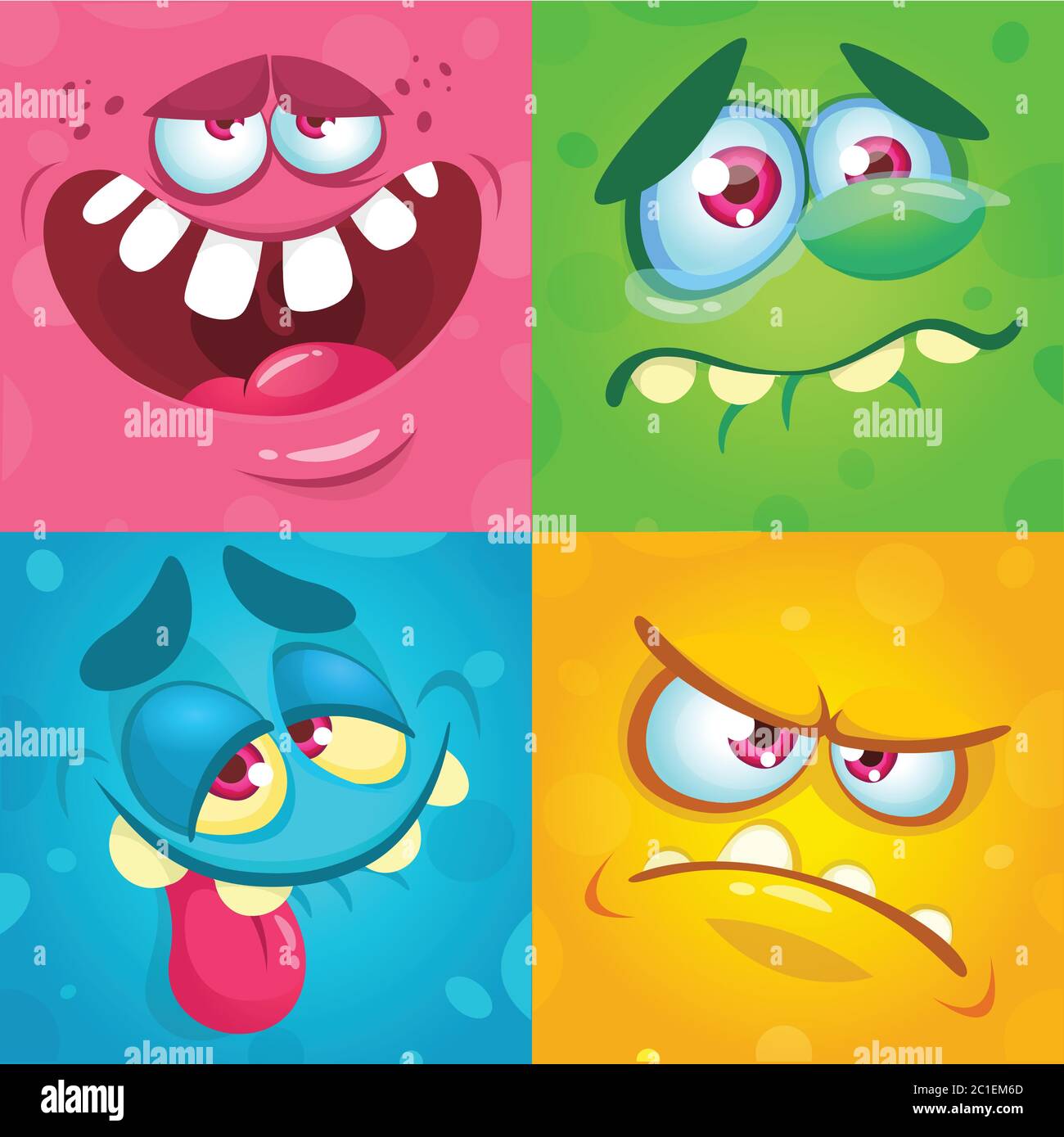 Cartoon monster faces set. Vector set of four Halloween monster faces or avatars. Print design of monsters mask for masquerade Stock Vector